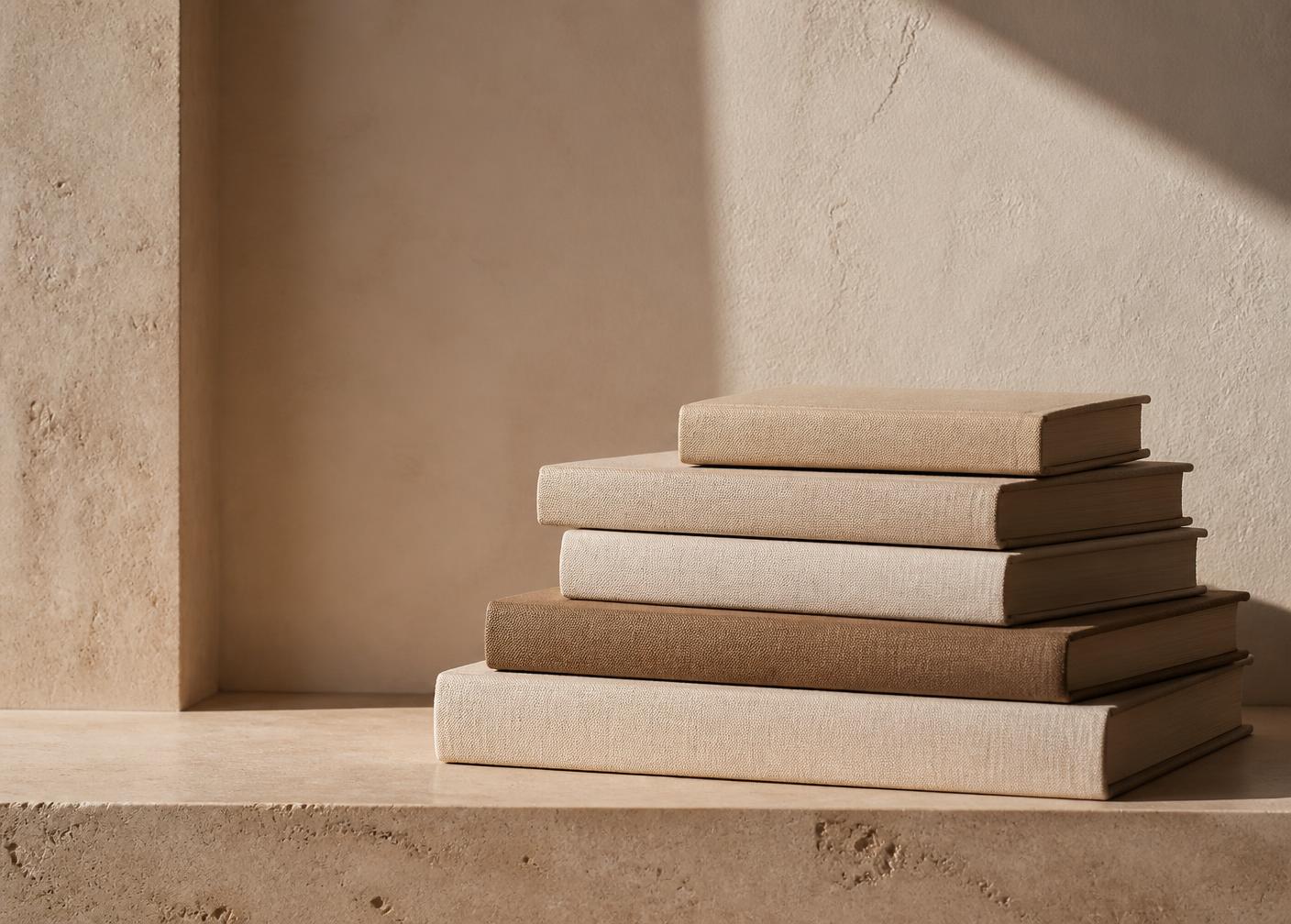 Livros encadernados em linho sobre uma bancada de travertino